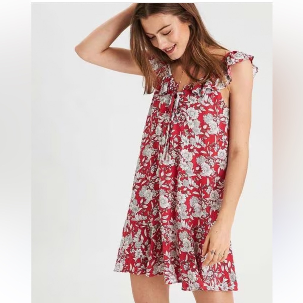 American Eagle Red Floral Lace-Up Front Sundress - Size Large